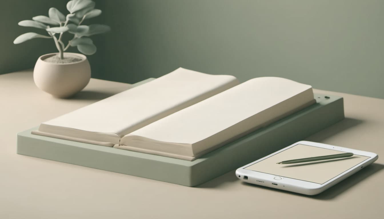 An open paper appointment book on a desk, with a tablet and stylus lying beside it.
