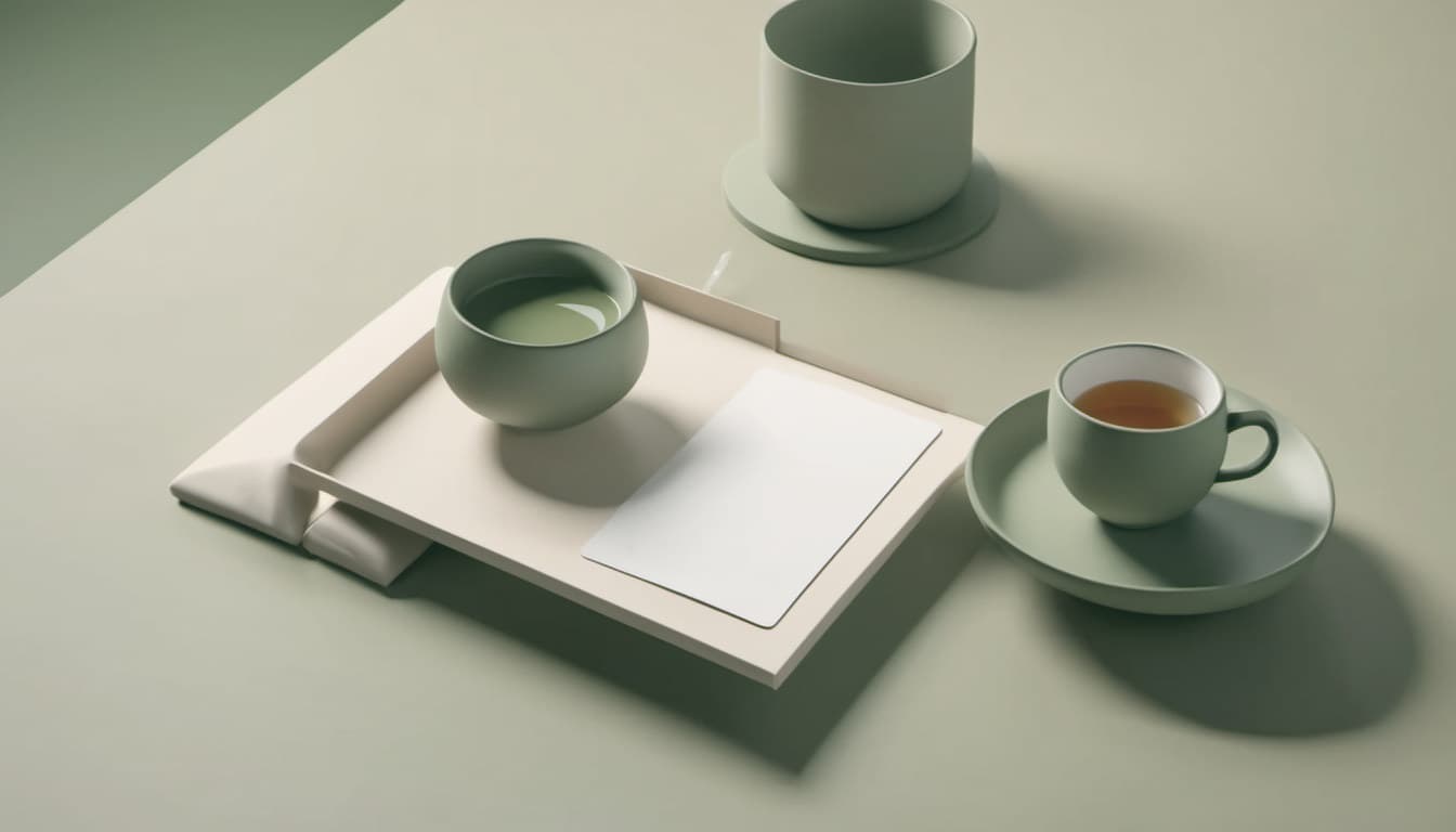 A blank intake card and a tea bowl on a tray, with another cup of tea and a beaker beside them.