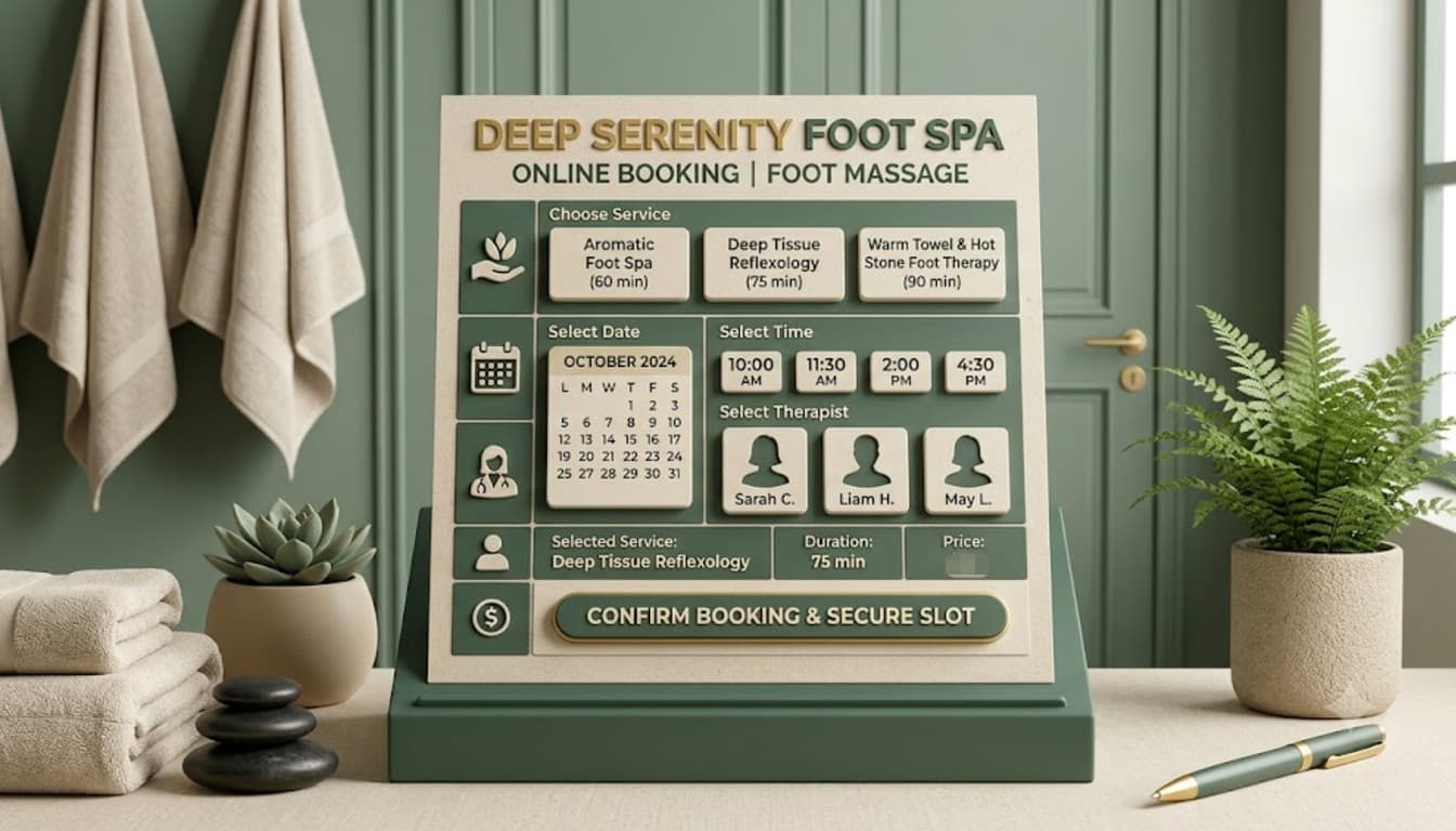 An illustration of a booking board standing on a shop counter, laying out services, dates and times, therapists, and a confirm button along the bottom.