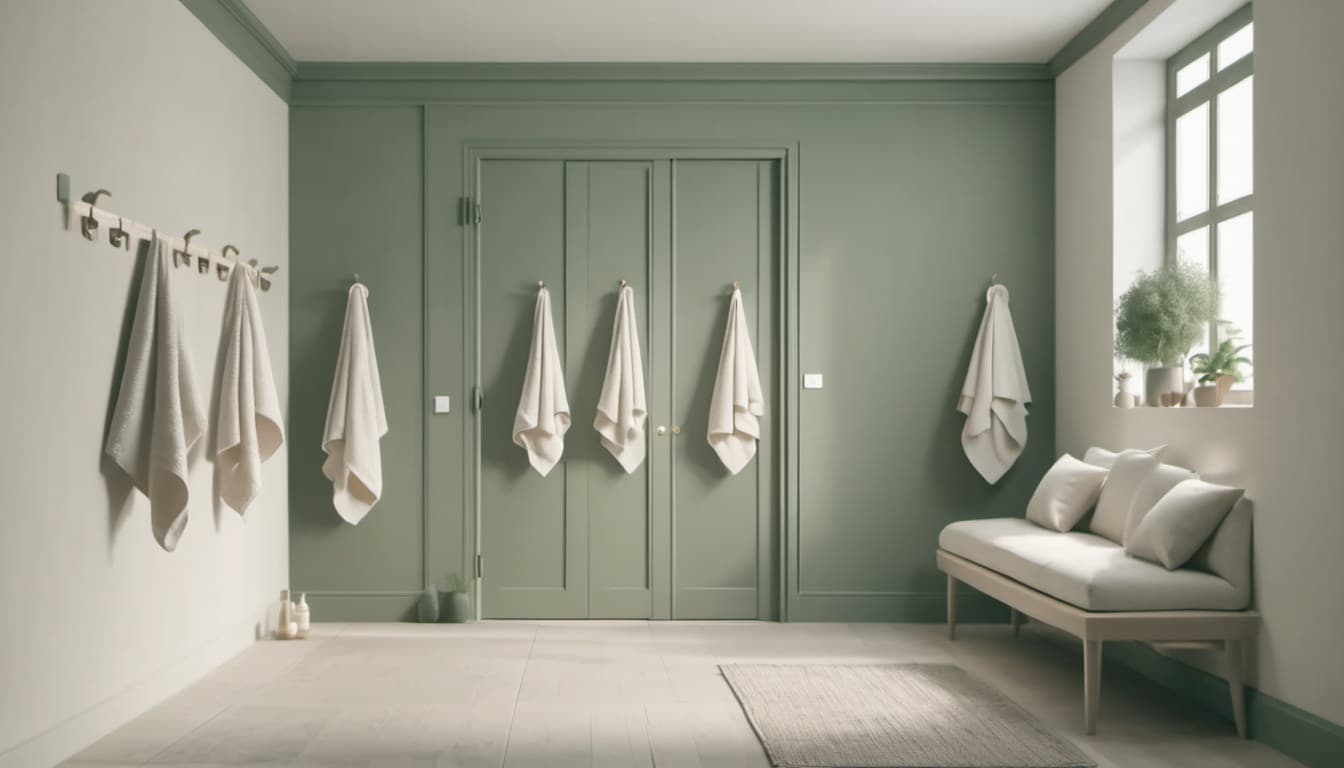 A corridor in the shop with rows of towels hanging from wall hooks, a double door in the middle and a bench by the window.