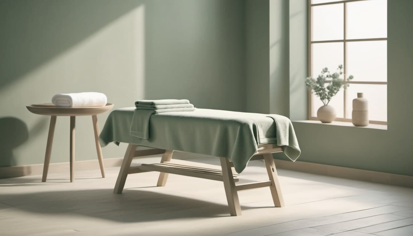 An empty treatment room with a sage-green sheet and folded towels on the massage table, a rolled towel on a small round side table, plants on the windowsill.