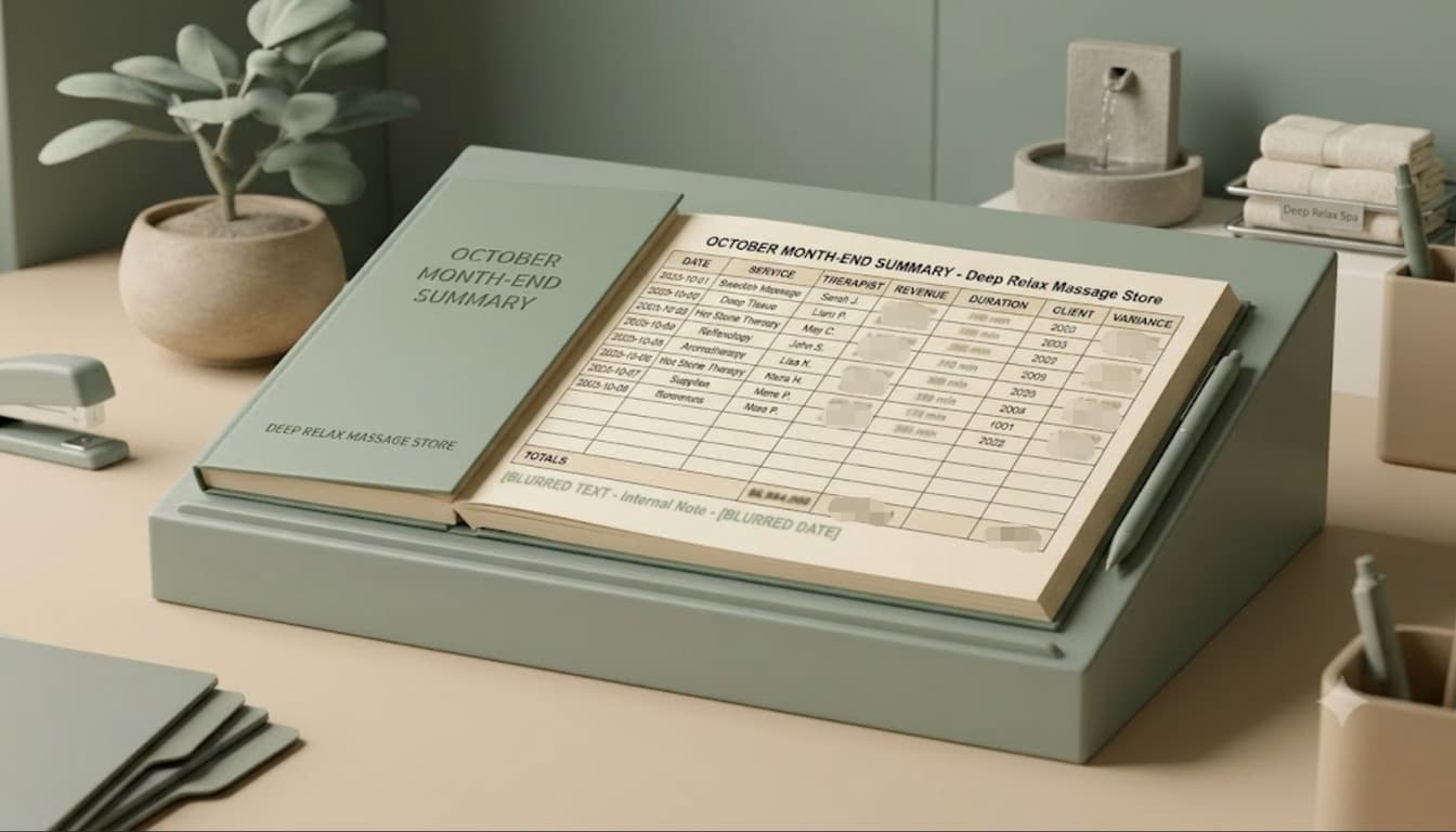 An illustration of a month-end summary book open on a desk, its table listing date, service, therapist, duration and revenue, with the amounts blurred out.