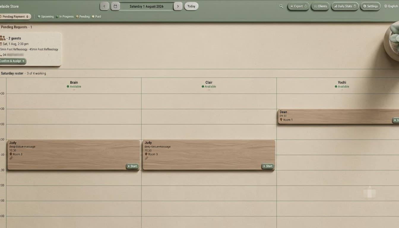 An illustration of a schedule board for the day, split into three therapist columns with bookings laid along the time axis and a pending request in the top corner.