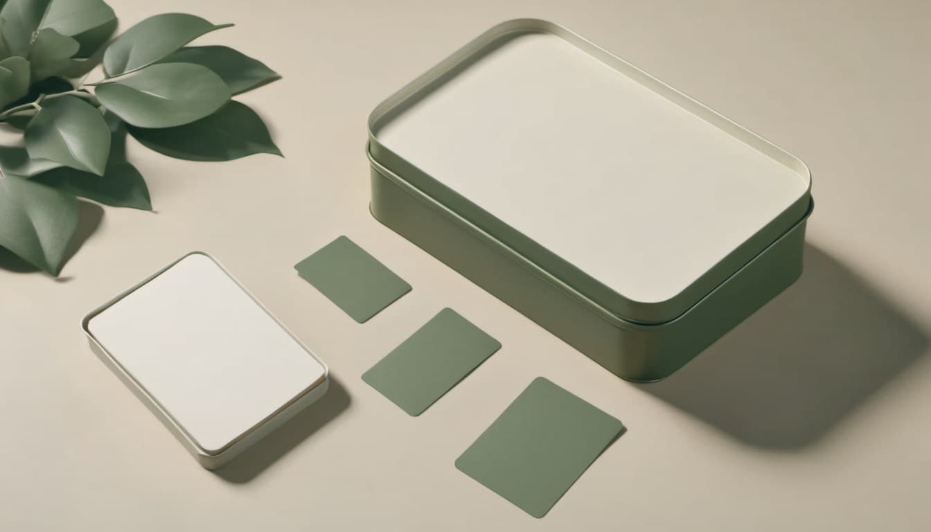 Several blank cards laid out on a surface beside an open sage-green tin and a leafy sprig.