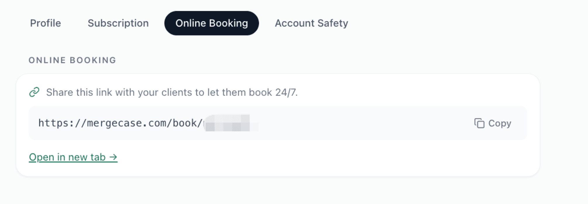 The shop’s own booking link under Settings → Online Booking, with one-tap copy.