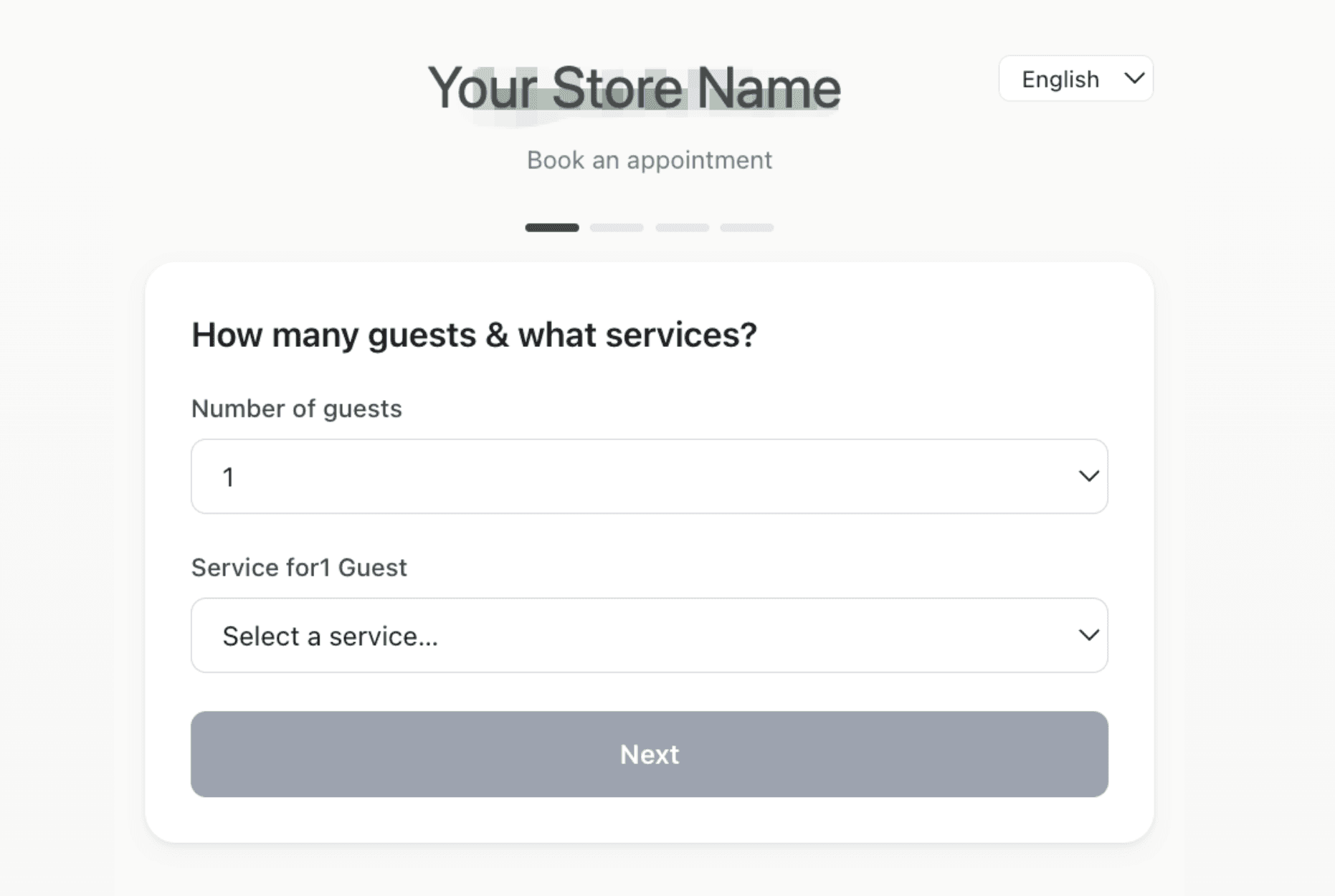 The first step a client sees: number of guests and which service.