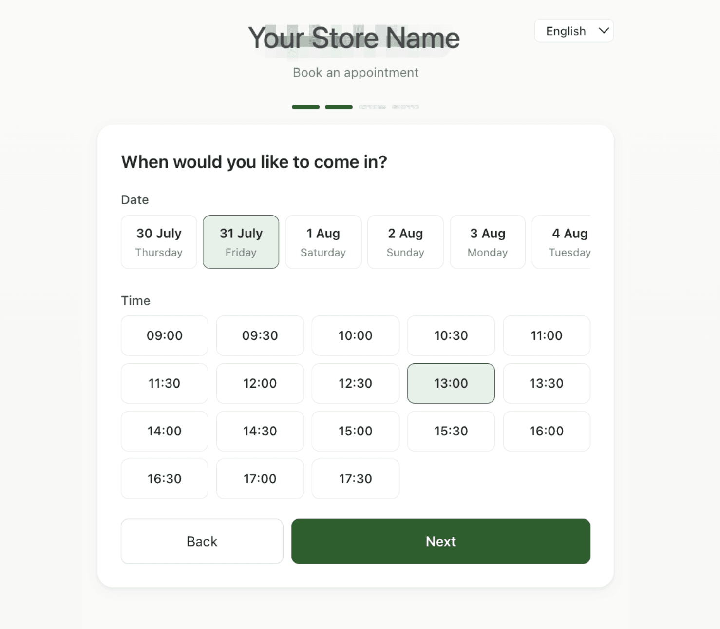 Step two: date and time, showing only slots inside opening hours that are still free.