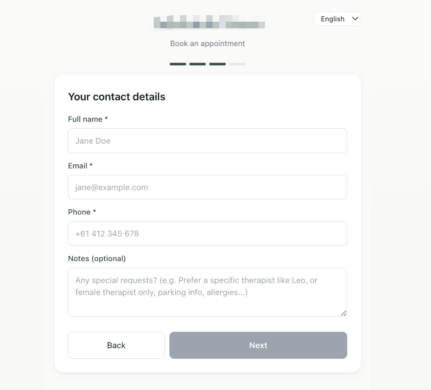 Step three: contact details, with a notes field for preferences such as a specific or female therapist.