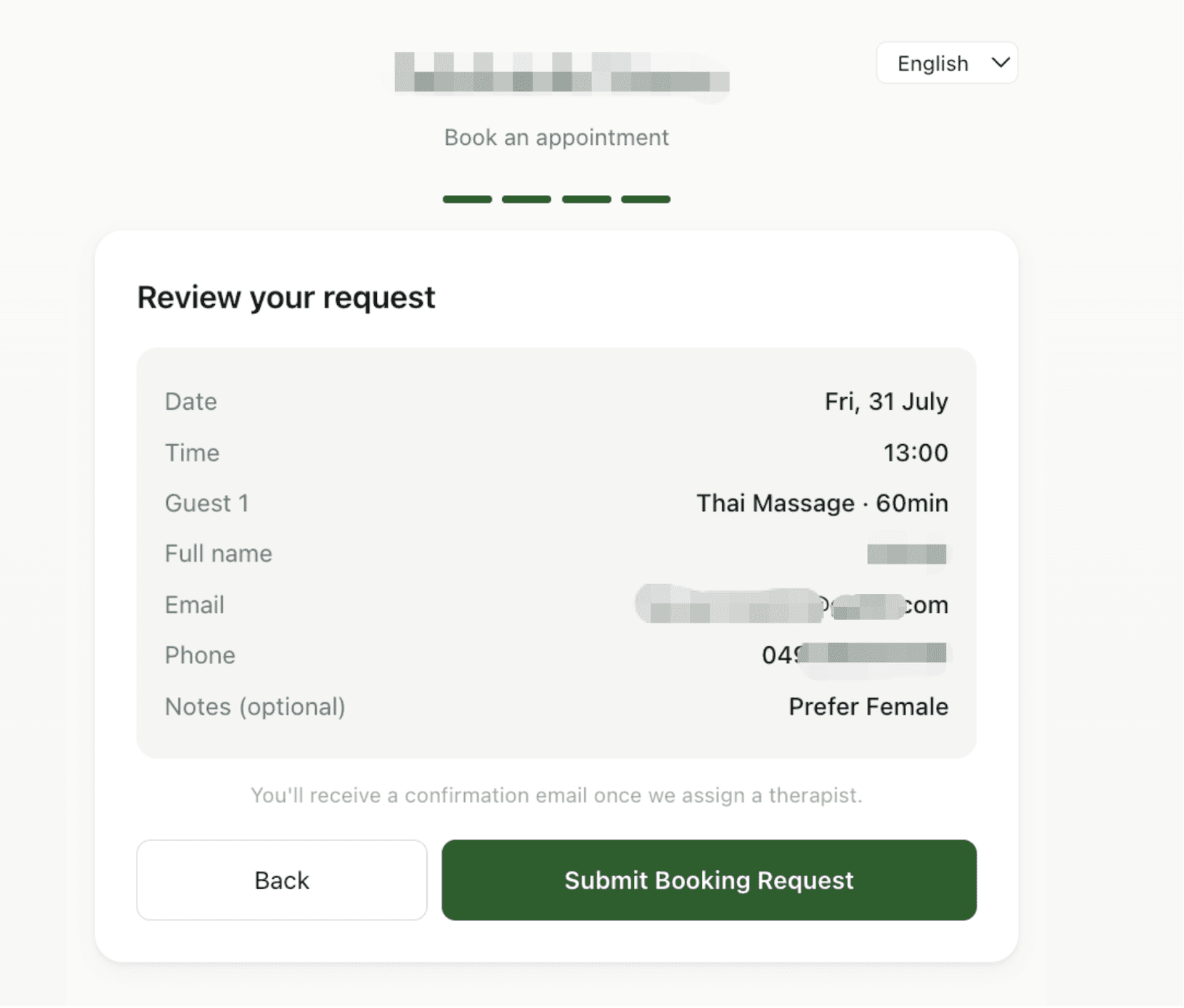 The last step: check the details and submit the booking request.