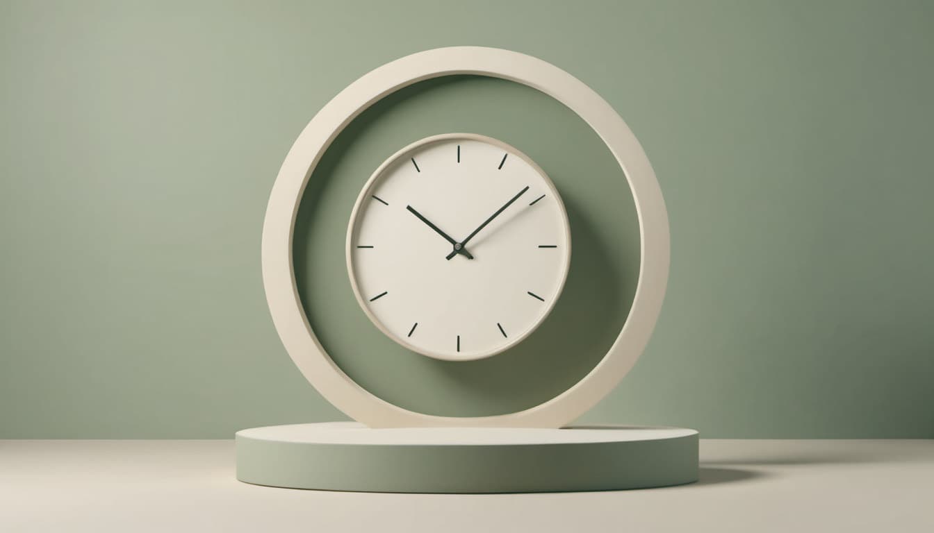 A round clock face without numerals standing on a sage-green plinth, framed by a cream-coloured ring.